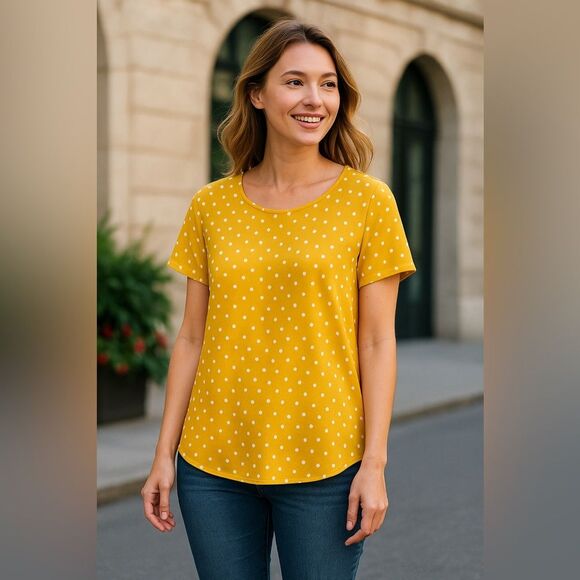 W5 Tops - W5 Mustard Yellow Polka Dot Pleated Back High-Low Blouse Size L